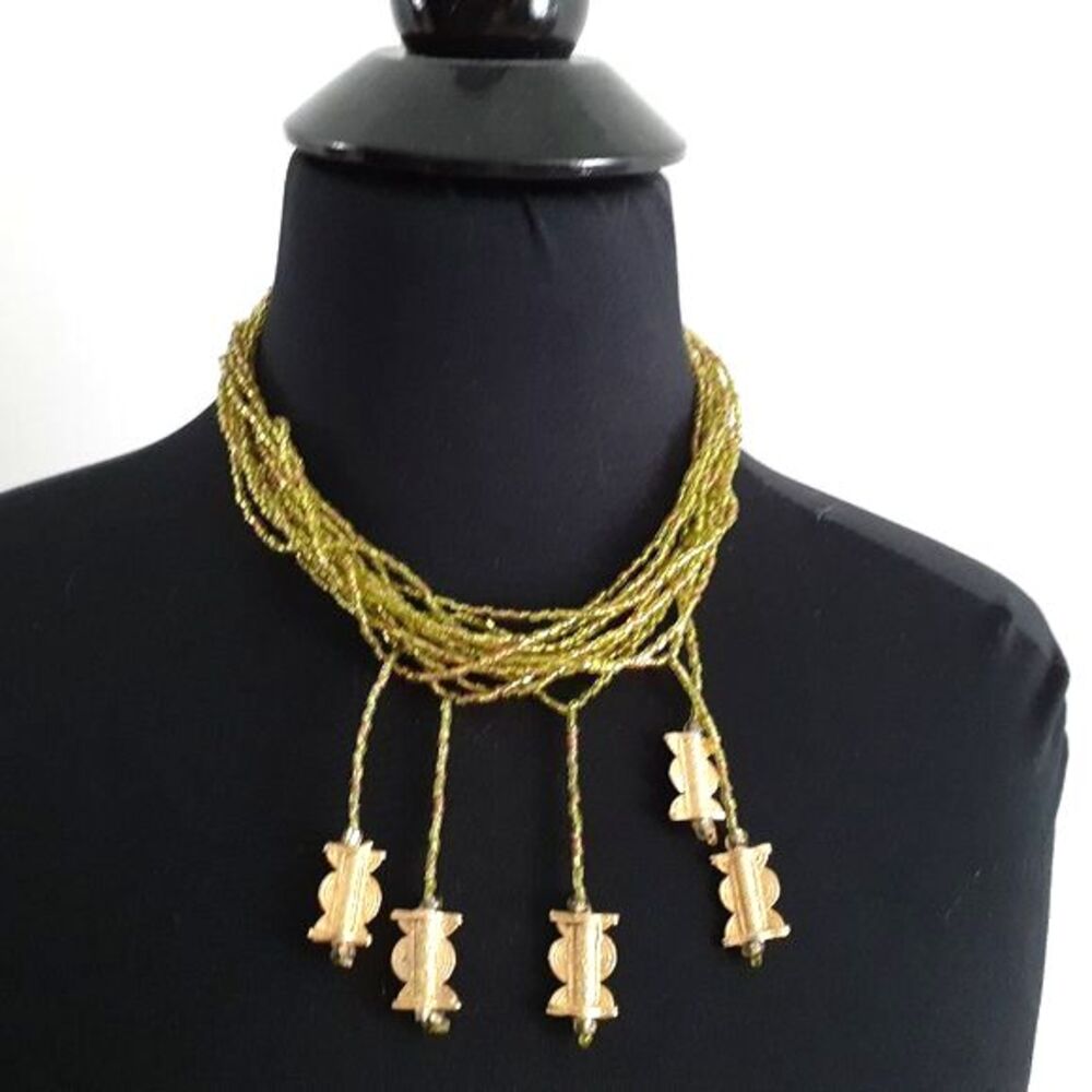 Multi Strand Neon Gold Seed Bead Choker Necklace with 5 Gold tone Pendant 15"